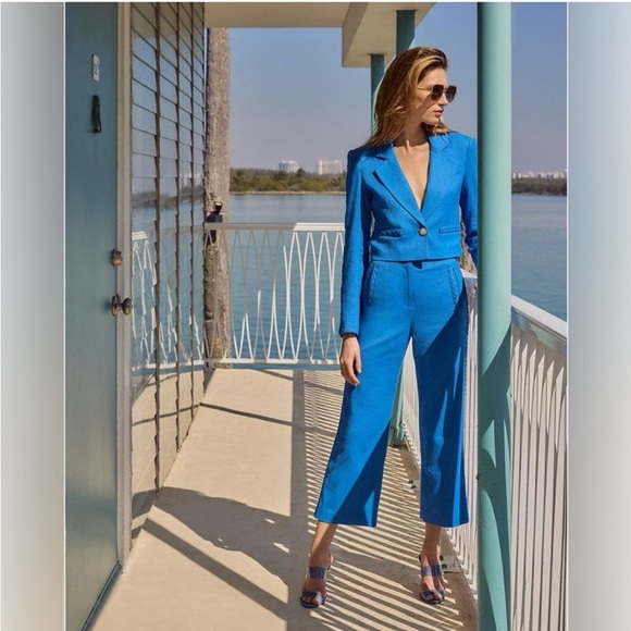 SET Veronica Beard Behren Suit Jacket Blue 4 Crop Wide Leg Dova Trouser - Picture 5 of 16